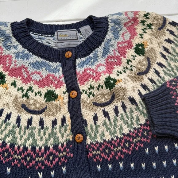 vtg Fair Isle cottagecore blue ducks cottagecore cardigan sweater size M - Picture 4 of 4